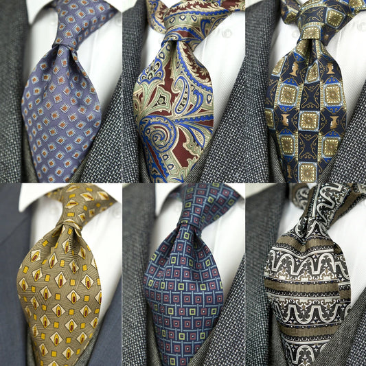 Men's Neckties with Vintage Print: Abstract Geometric Multicolor Patterns, 100% Silk, Handmade, 10cm in Width