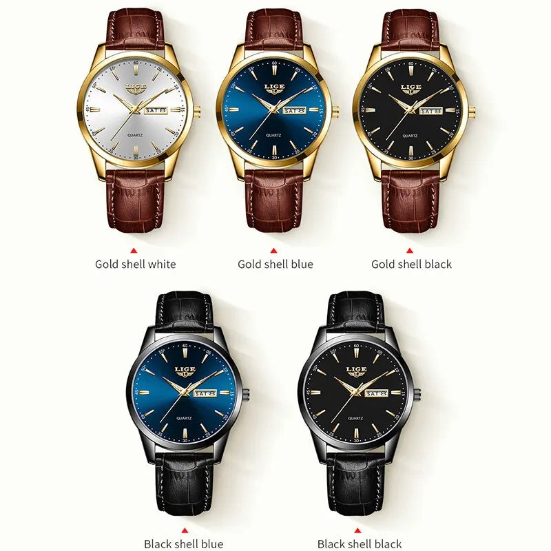 LIGE Classic Quartz Leather Strap Waterproof Wristwatch