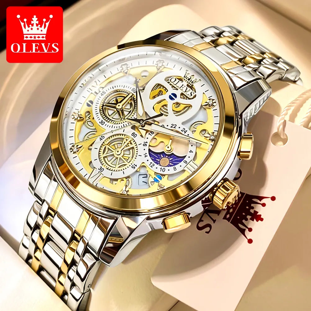 OLEVS Men's Gold Skeleton Style Luxury Quartz Watch