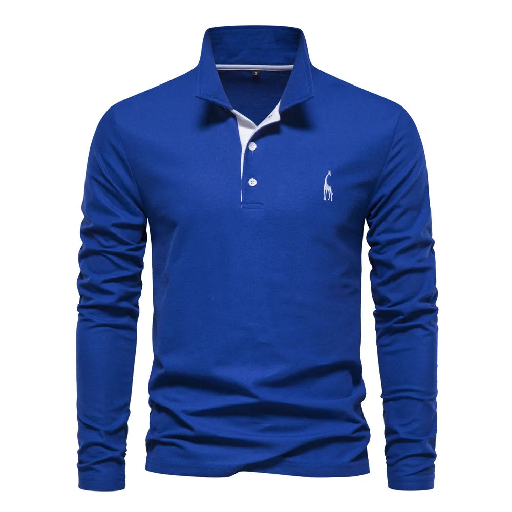 Giraffe Embroidery Blue Long Sleeve Polo Shirt