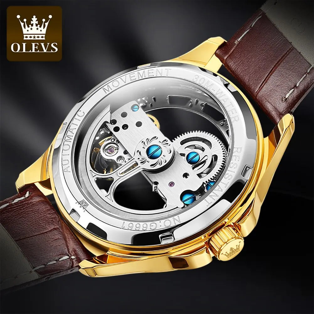 OLEVS Skeleton Design Waterproof Leather Strap Watch