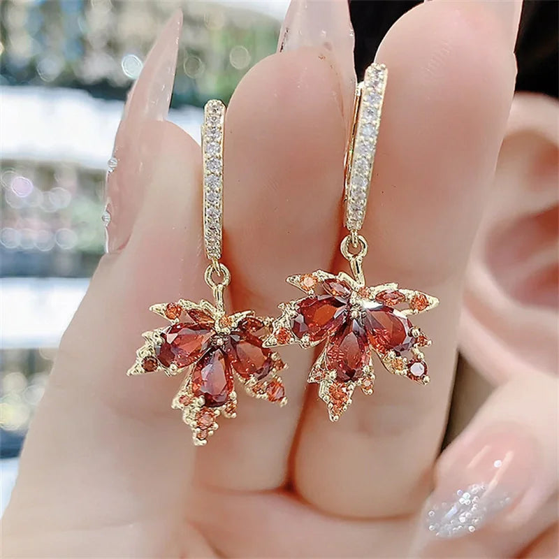 Crystal Zircon Red Maple Leaf Earrings for Women