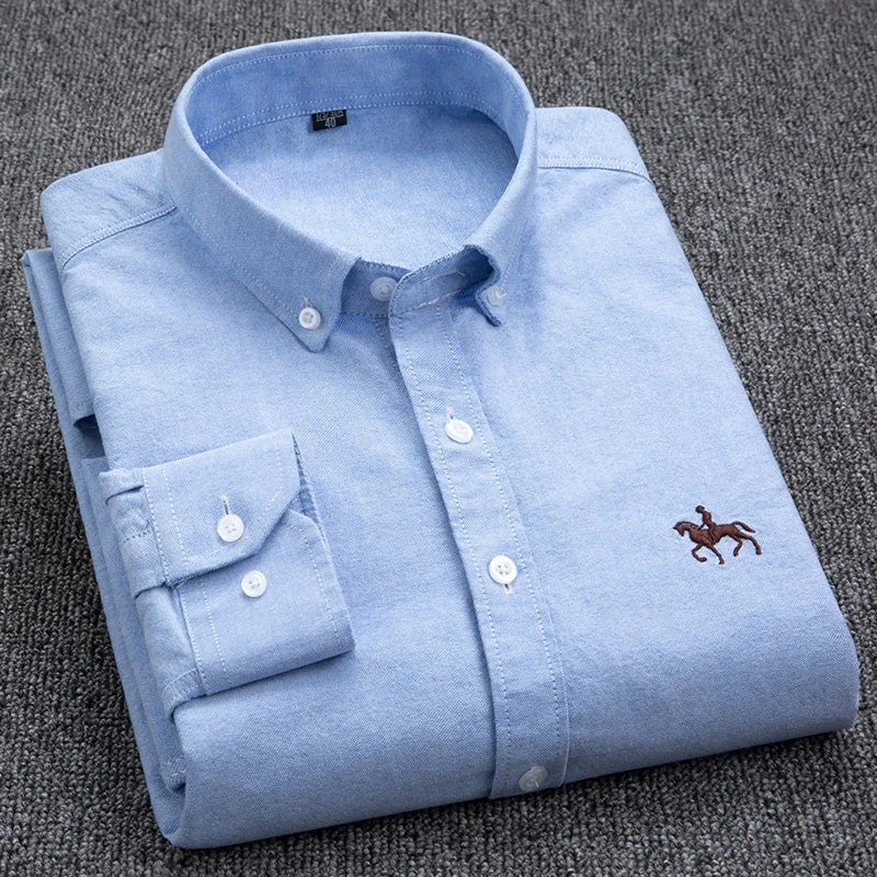 Embroidered Horse Pure Cotton Sky Blue Check Oxford Long Sleeve Casual Shirt