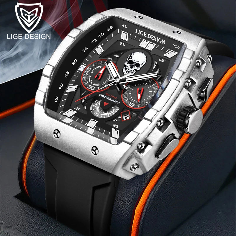 LIGE Design Skull Concave Shape Wrist Watch