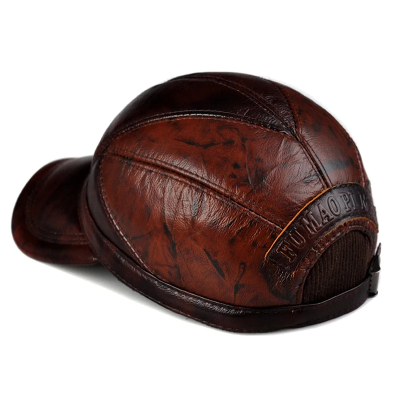 Winter-Ready Style: Men's Genuine Leather Cow Skin Baseball Cap for Outdoor Adventures