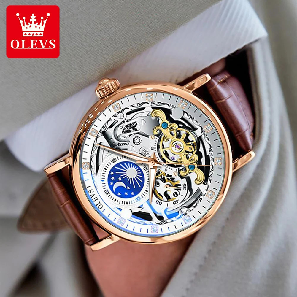 OLEVS Moon Phase Mechanical Leather Strap Watch