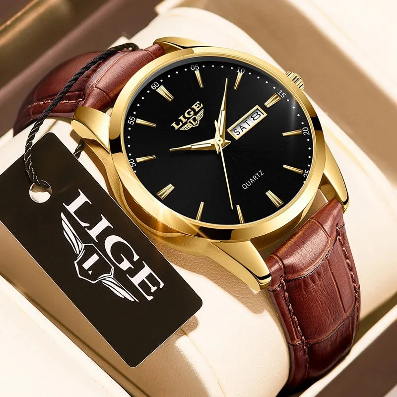 LIGE Classic Quartz Leather Strap Waterproof Wristwatch