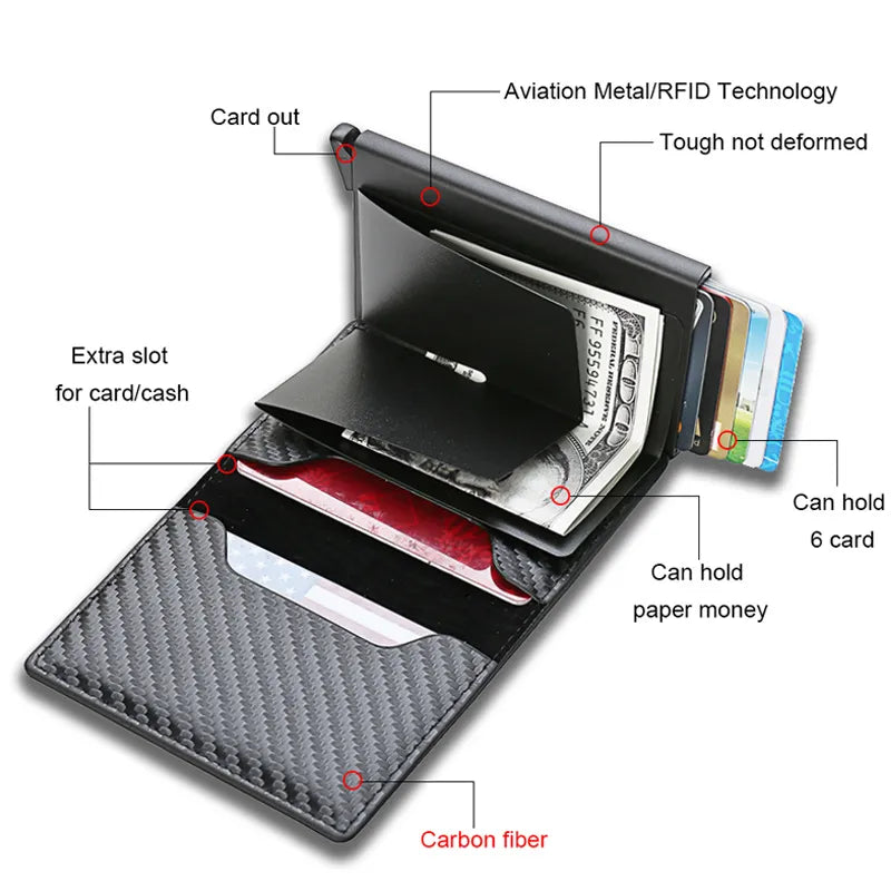 Upgrade Your Everyday Carry with Our Carbon Fiber RFID Magic Trifold Leather Slim Wallet for Men.