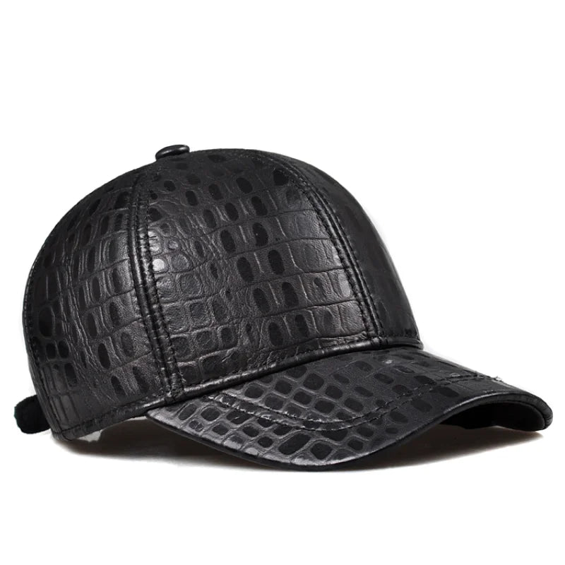 Winter Fashion: Men's Genuine Sheepskin Leather Baseball Cap with Crocodile Pattern - Perfect for Outdoor Leisure