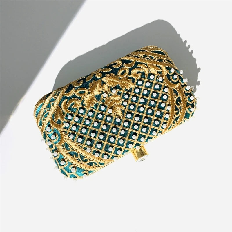 Women's Evening Clutch with Embroidery: Shoulder Clutch with Detachable Chain for Wedding, Prom, and Party Events