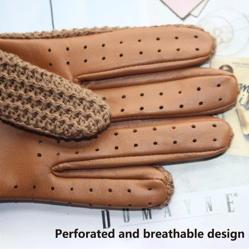 Sheepskin Leather Anti-Slip, Touch Screen, Knitted Gloves for Men
