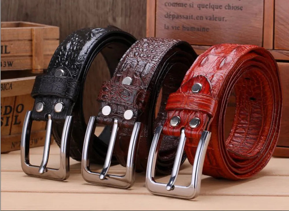 Genuine Leather Crocodile Striped Men's Belt with Pin Buckle - Perfect for Jeans and Cowboy Attire