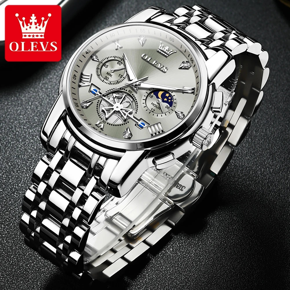 OLEVS Stainless Steel Chronograph Moon Phase Quartz Wrist Watch