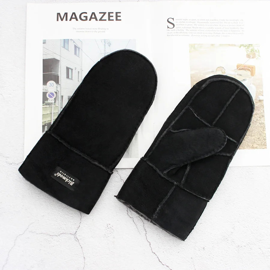 Experience Cozy Comfort with Men's Winter Warm Sheepskin Fur Mittens - Thickened Windproof Design, Cold-Proof Wool Lining Mittens