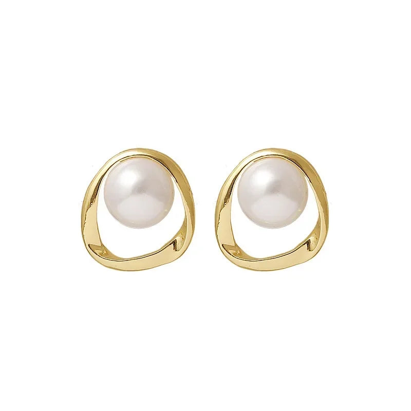 Gold-Toned Round Pearl Stud Earrings: Exquisite and Delicate Design for Women