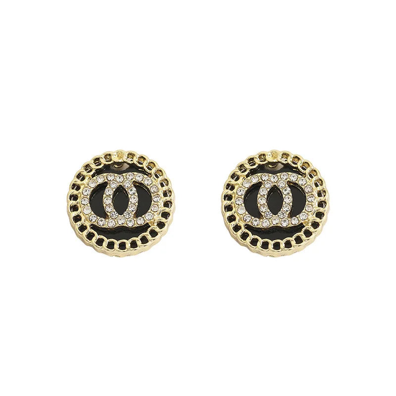 Enamel Crystal Double Round Circles Earrings in Black for Women