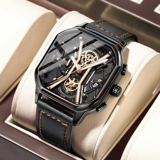 POEDAGAR Luxury Chronograph Square Dial Leather Quartz Men's Watch