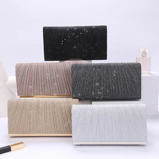 Women's Pleated Sequin Evening Clutch with Chain: Perfect for Wedding, Banquet, Party, and Dinner