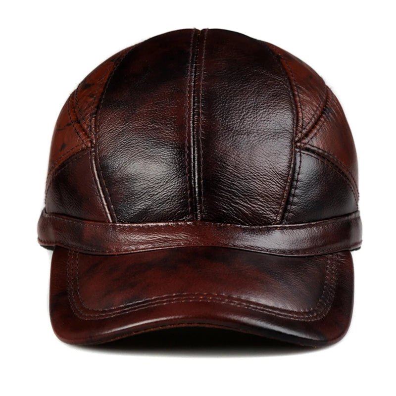 Winter-Ready Style: Men's Genuine Leather Cow Skin Baseball Cap for Outdoor Adventures