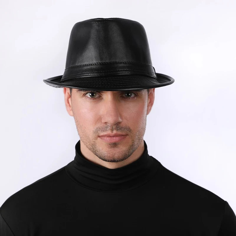 Man High Quality Genuine Leather Jazz Fedora Gentleman Cow Skin Short Brim Black/Brown Sheepskin Fitted Top Hat Male Shows