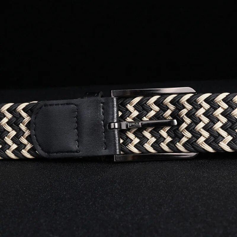 Stylish Men's Knitted Elastic Belt - Breathable Canvas with Pin Buckle and Perforation Detail
