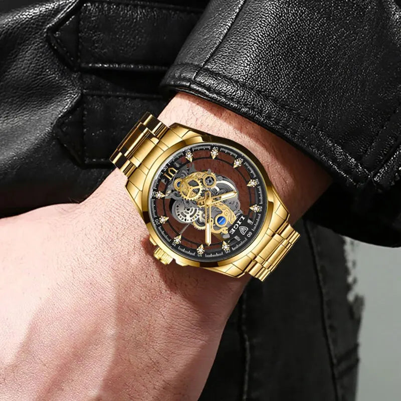 LIGE Skeleton Quartz Retro Style Men's Watch