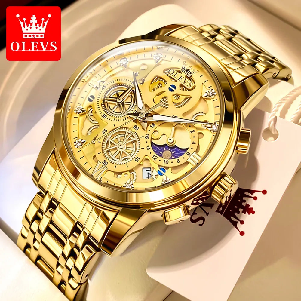 OLEVS Men's Gold Skeleton Style Luxury Quartz Watch