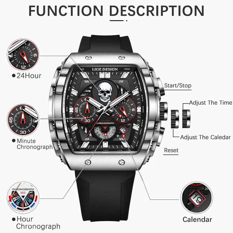 LIGE Design Hollow Chronograph Watch