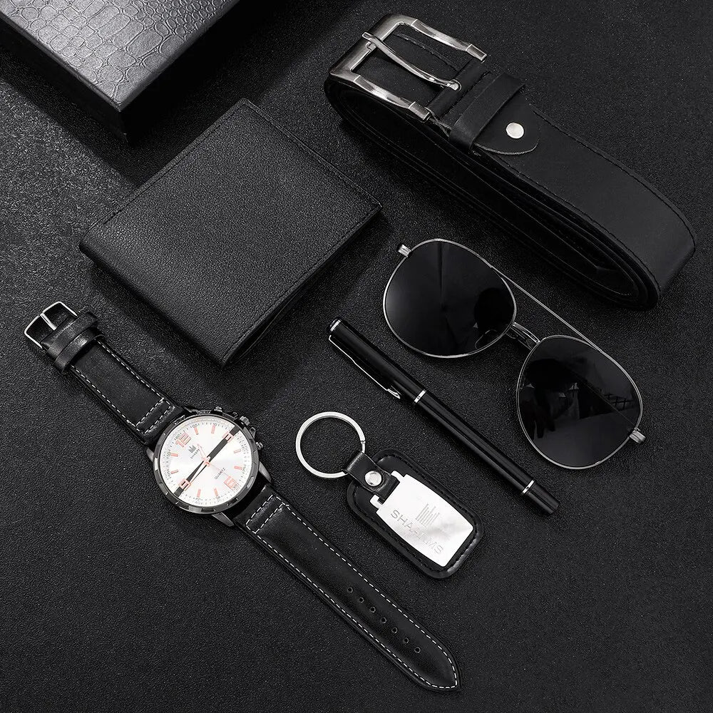 Men's Luxury Business Gift Set: 6-in-1 Collection with Watch, Glasses, Pen, Keychain, Belt, and Purse - Ideal for Welcome, Holidays, and Birthdays