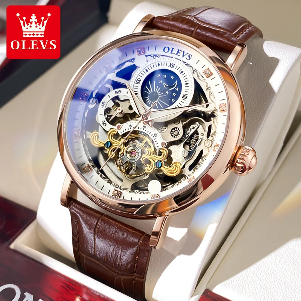 OLEVS Moon Phase Mechanical Leather Strap Watch