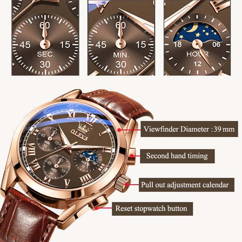 OLEVS Luxury Chronograph Leather Strap Wrist Watch