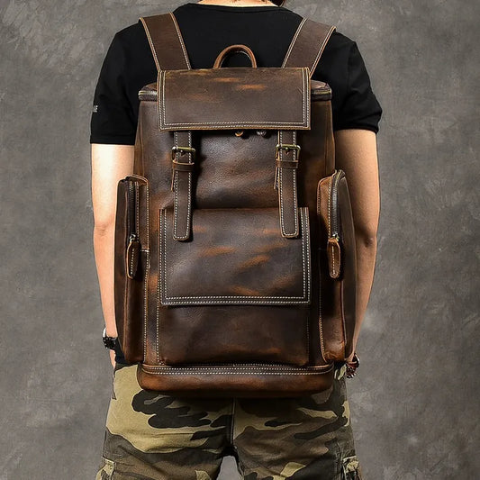 Vintage Crazy Horse Genuine Leather Backpack for Men: Large Hiking Rucksack