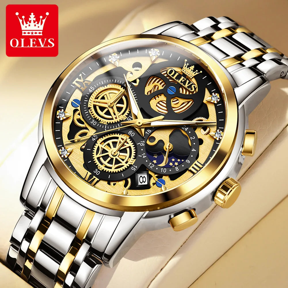 OLEVS Men's Gold Skeleton Style Luxury Quartz Watch