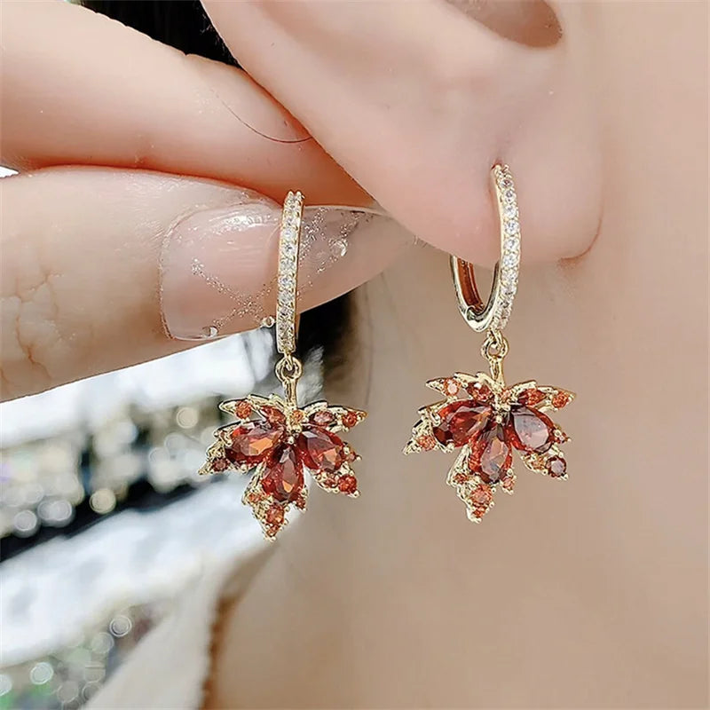 Crystal Zircon Red Maple Leaf Earrings for Women