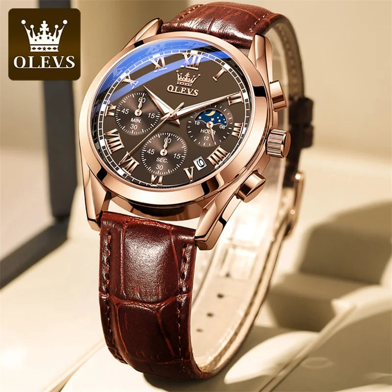 OLEVS Luxury Chronograph Leather Strap Wrist Watch