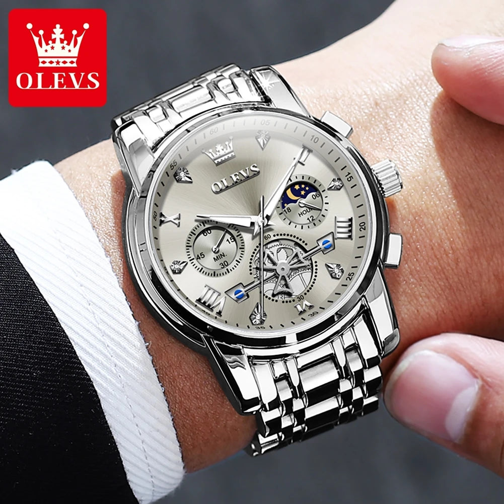 OLEVS Stainless Steel Chronograph Moon Phase Quartz Wrist Watch