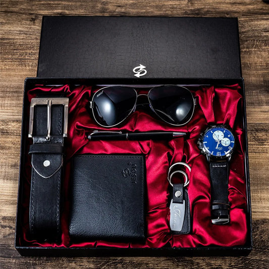 Business Luxury Gift Set for Men: 6-in-1 Collection with Watch, Glasses, Pen, Keychain, Belt, and Wallet - Perfect for Welcomes, Holidays, and Birthdays