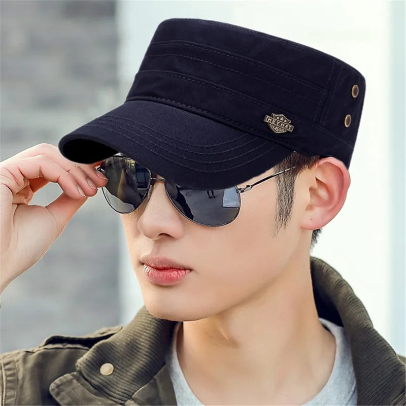 Men's Vintage Military Cap: Casual Flat Top Design for Summer and Autumn, Fashionable Shade in Cotton Material