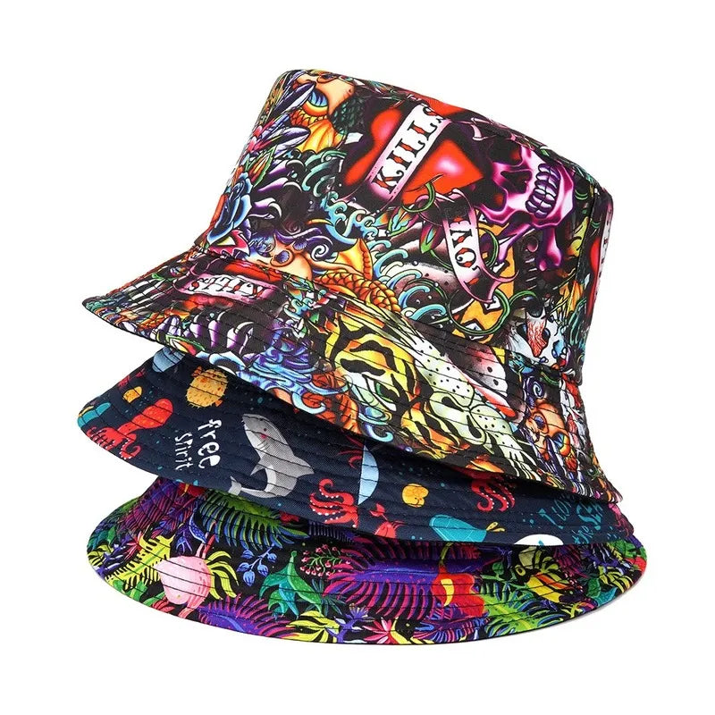 Men's Summer Sun Protection Bucket Hat: Hip Hop Print, Double-Sided Wear for Fashionable Fishing Fisherman Style