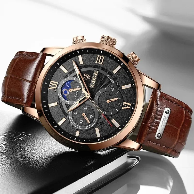 LIGE Luxury Brown Leather Casual Quartz Watch