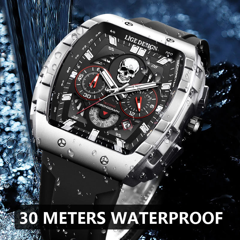 LIGE Design Skull Concave Shape Wrist Watch