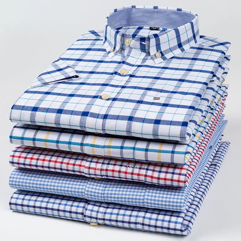 Pure Cotton Blue and Pink Plaid Oxford Short Sleeve Shirt