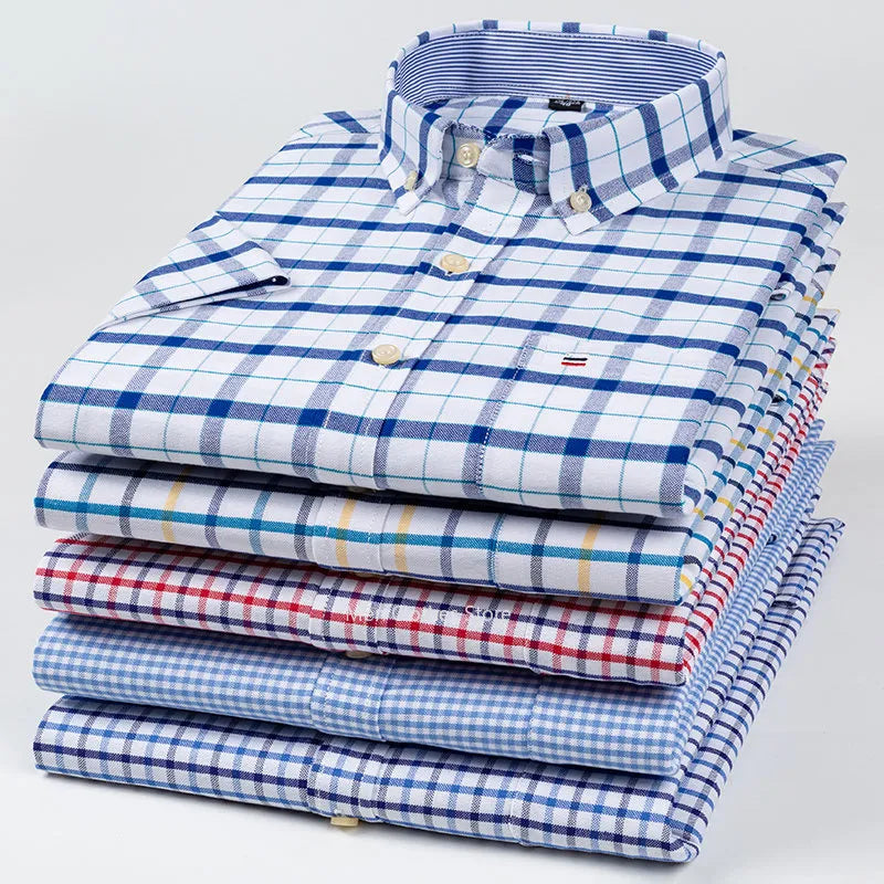 Pure Cotton Brown and Blue Check Oxford Short Sleeve Shirt