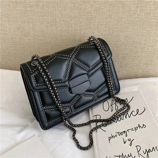 Vintage Rivet Chain Small Shoulder Bag for Women: PU Leather Flap Crossbody Handbag