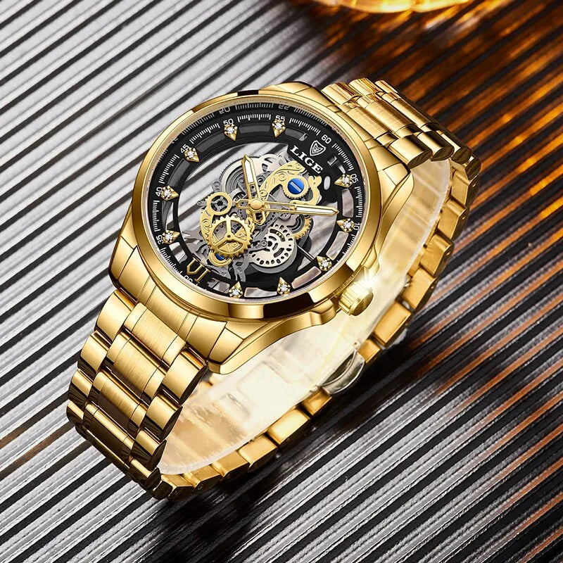 LIGE Skeleton Quartz Retro Style Men's Watch