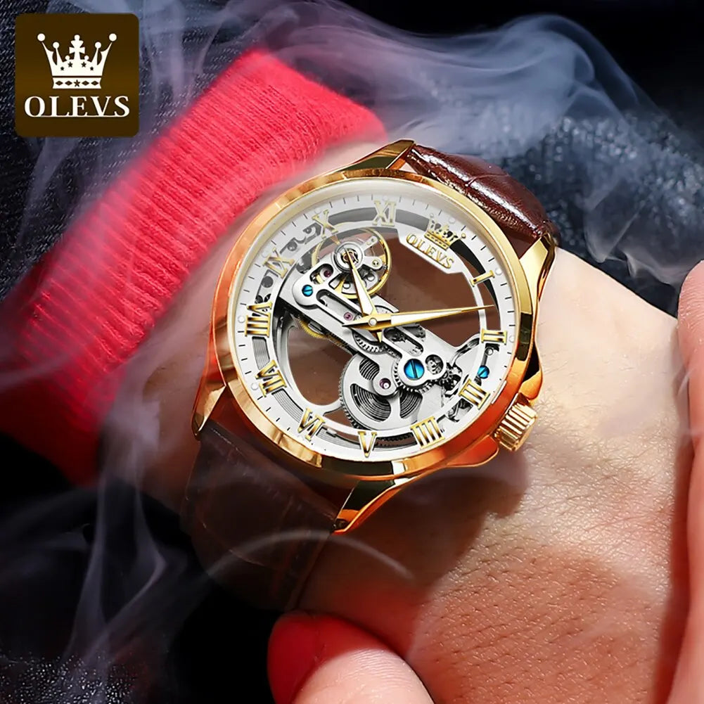 OLEVS Skeleton Design Waterproof Leather Strap Watch