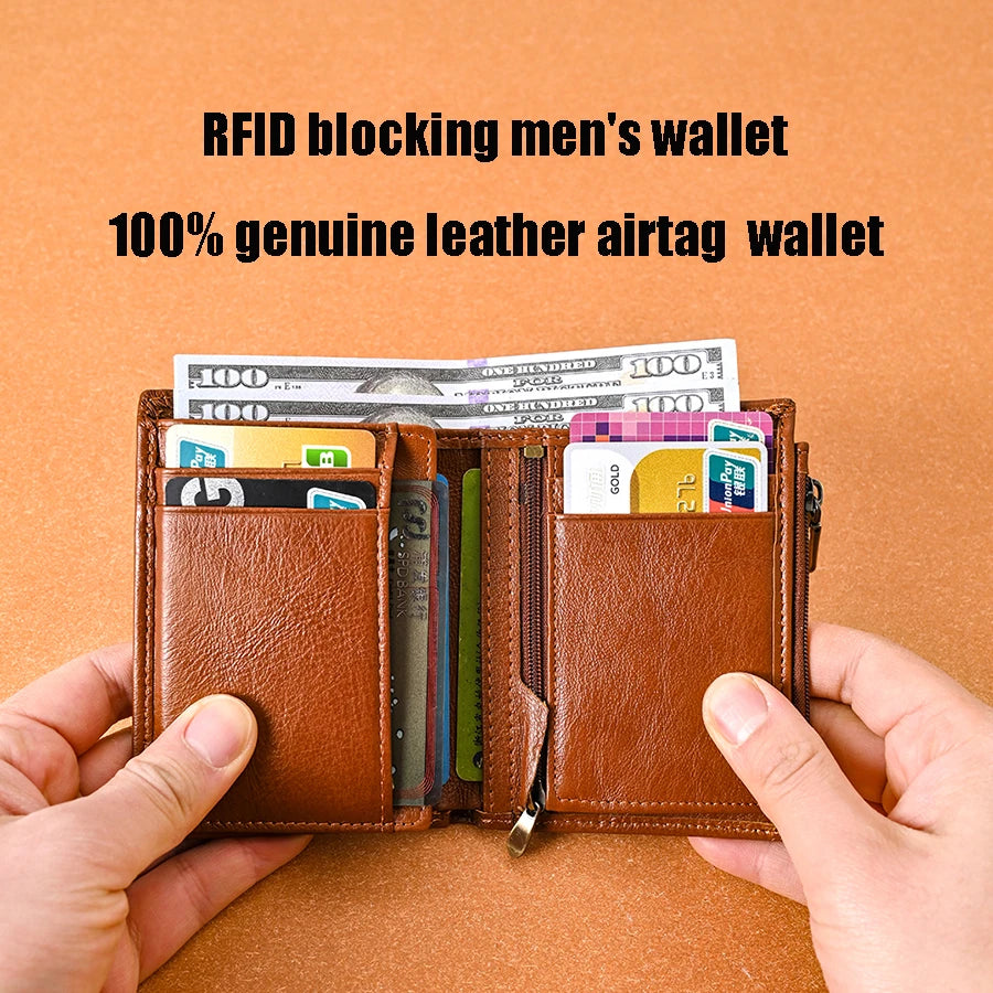 Men's Genuine Leather Tri-Fold RFID Wallet with Zipper Coin Purse