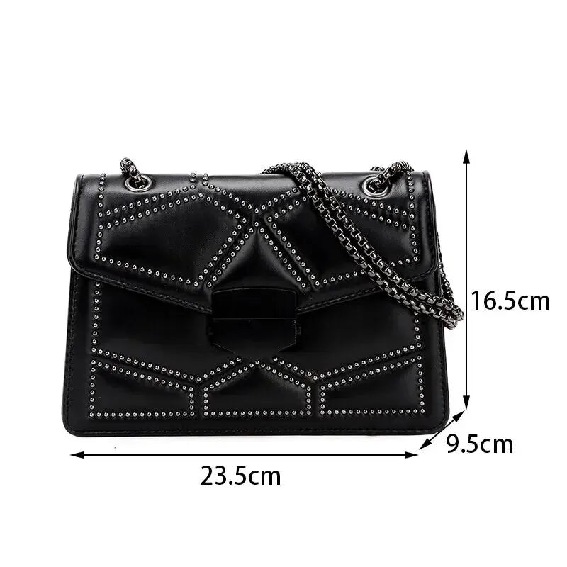 Vintage Rivet Chain Small Shoulder Bag for Women: PU Leather Flap Crossbody Handbag