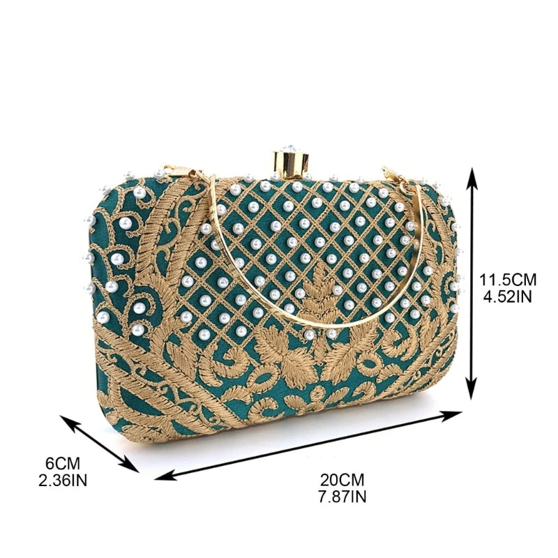 Women's Evening Clutch with Embroidery: Shoulder Clutch with Detachable Chain for Wedding, Prom, and Party Events