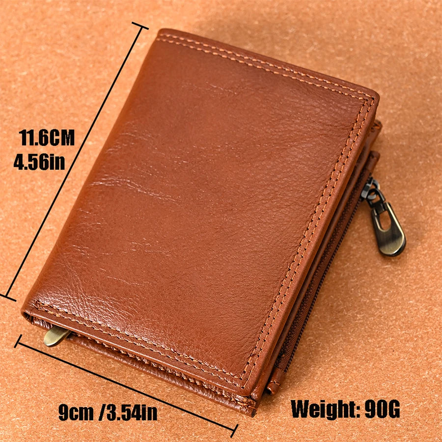 Men's Genuine Leather Tri-Fold RFID Wallet with Zipper Coin Purse